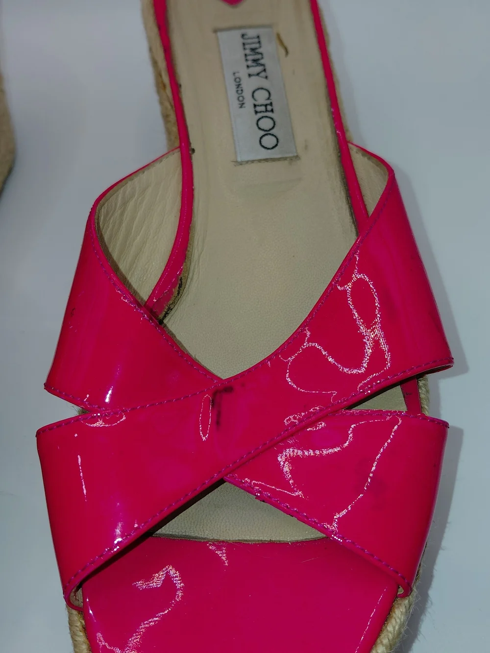 Jimmy Choo Pink Paisley/ Prima Patent Leather Espadrille Wedge Slide Sandals 41